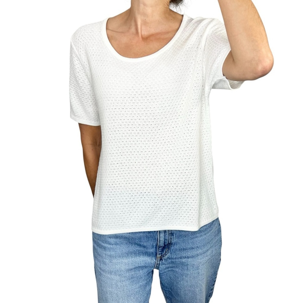 Minimalist boxy cotton blend white open knit short sleeve round neck sweater L